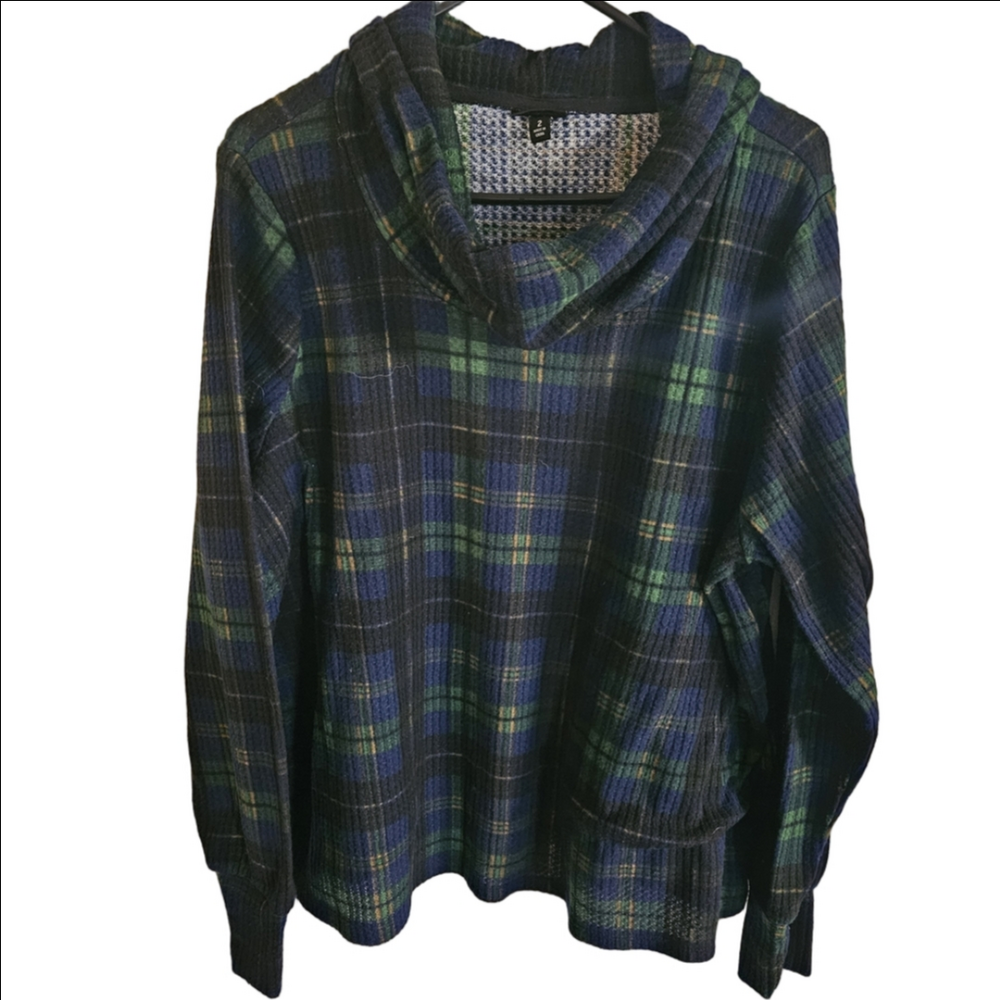 Torrid Cowkneck Sweater - Blue and Green Plaid